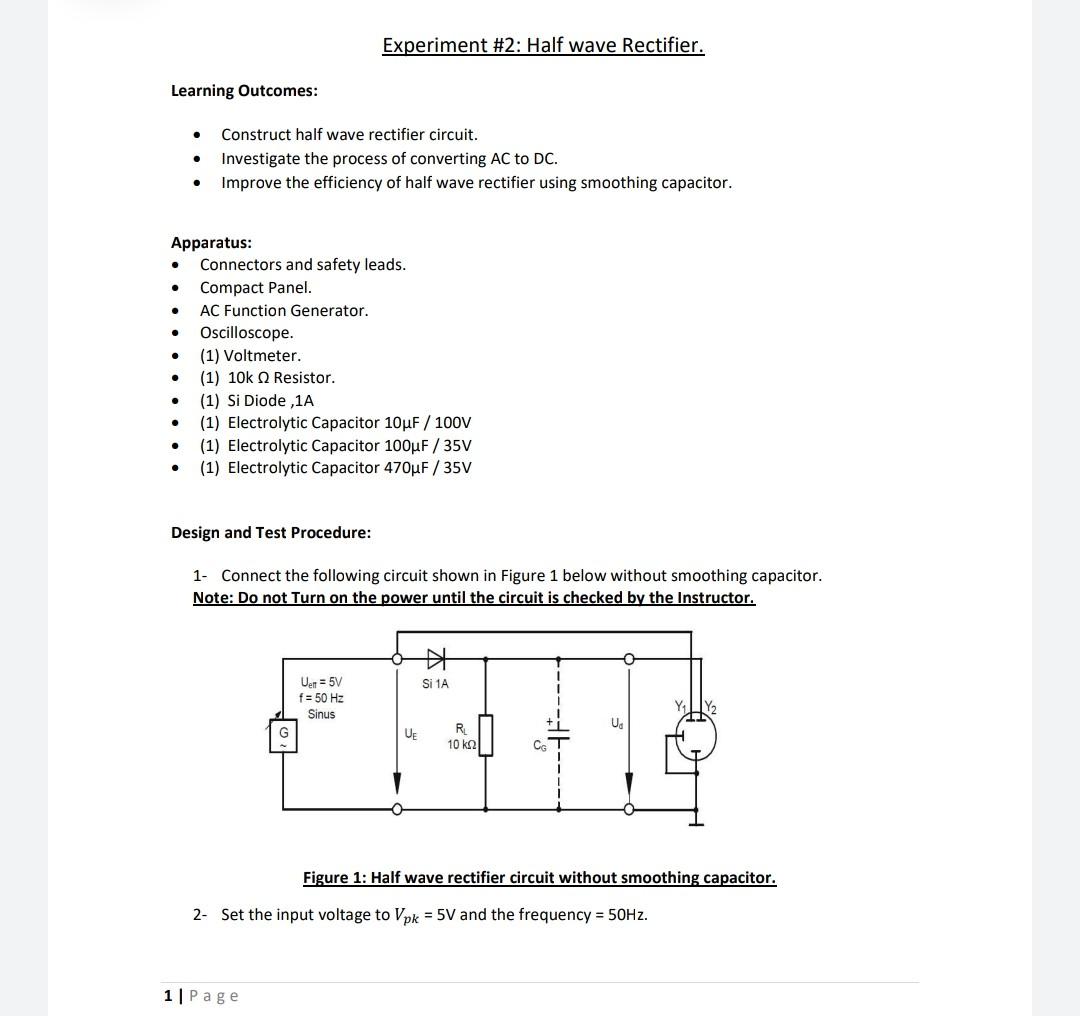 Solved Experiment 2 Half wave Rectifier. Learning