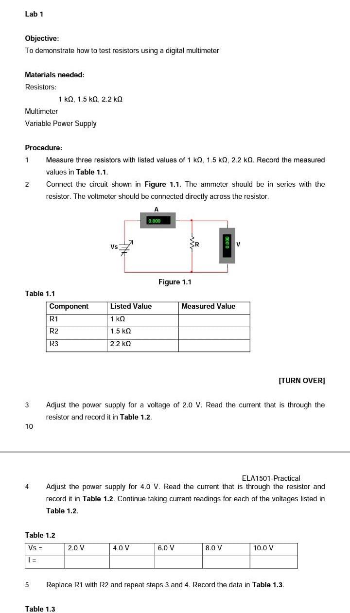 Solved Lab 1 Objective: To demonstrate how to test resistors | Chegg.com