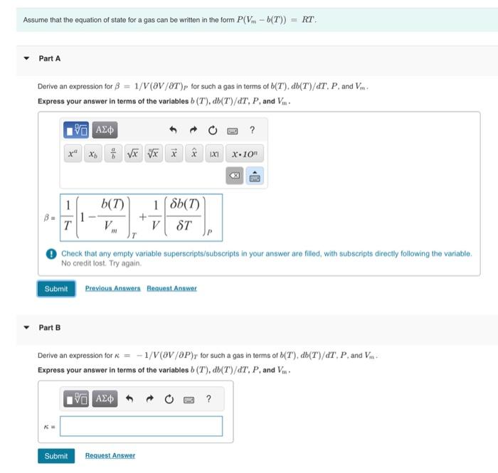 Solved Assume that the equation of state for a gas can be | Chegg.com