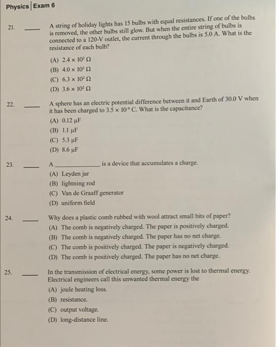 Solved Physics Exam 6 21. — 22. 23. 24. 25. - A string of | Chegg.com