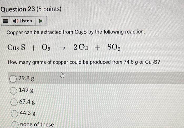 Solved Copper Can Be Extracted From Cu2 S By The Following | Chegg.com