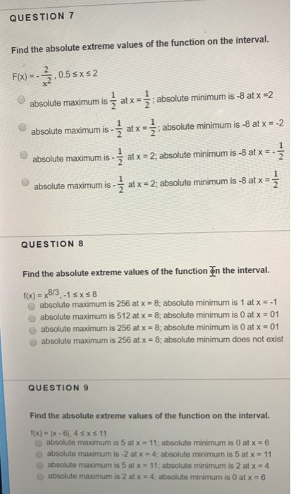 Solved QUESTION 7 Find the absolute extreme values of the | Chegg.com