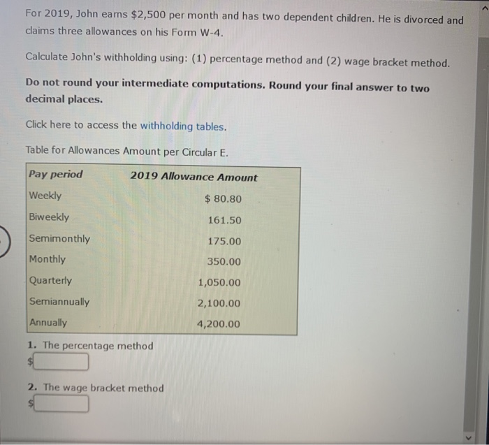 Solved For 2019, John earns $2,500 per month and has two | Chegg.com