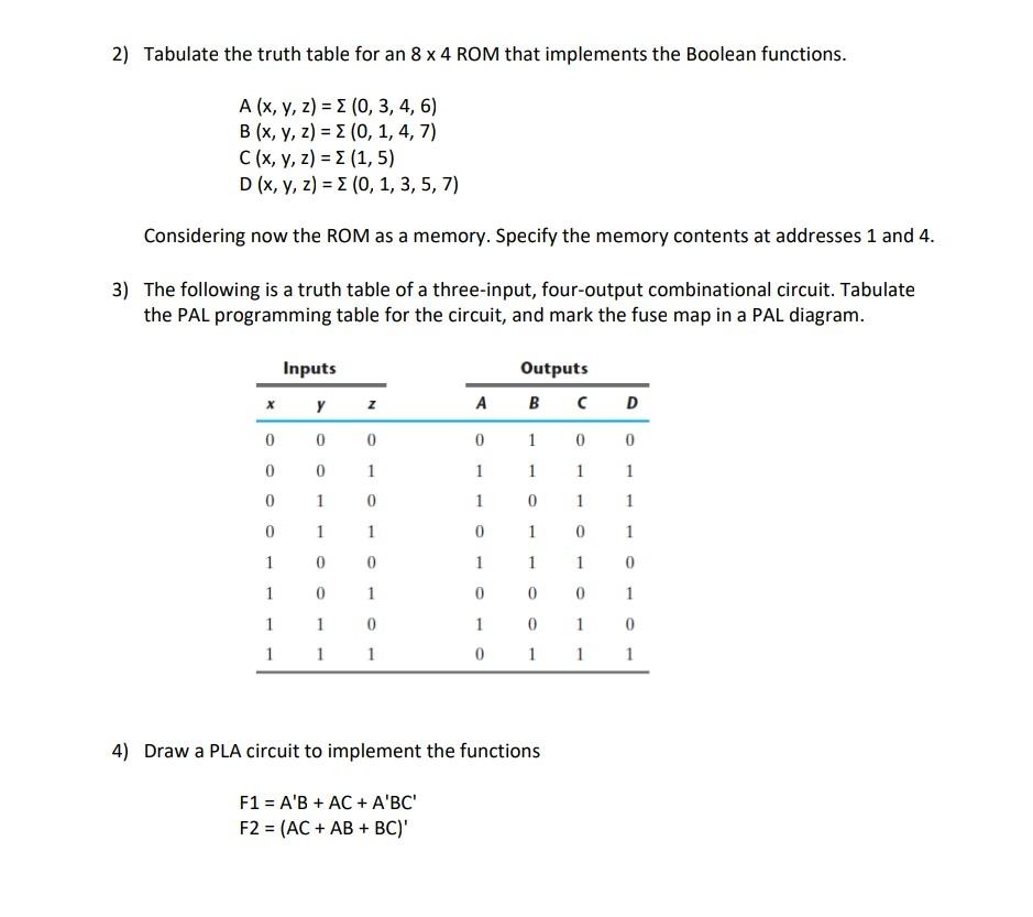 Solved 2) Tabulate the truth table for an 8 x 4 ROM that | Chegg.com
