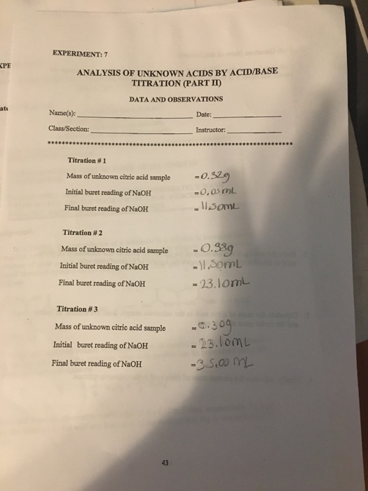 EXPERIMENT 7 ANALYSIS OF UNKNOWN ACIDS BY ACID/BASE.