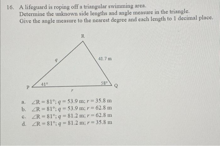 Solved 16. A lifeguard is roping off a triangular swimming | Chegg.com