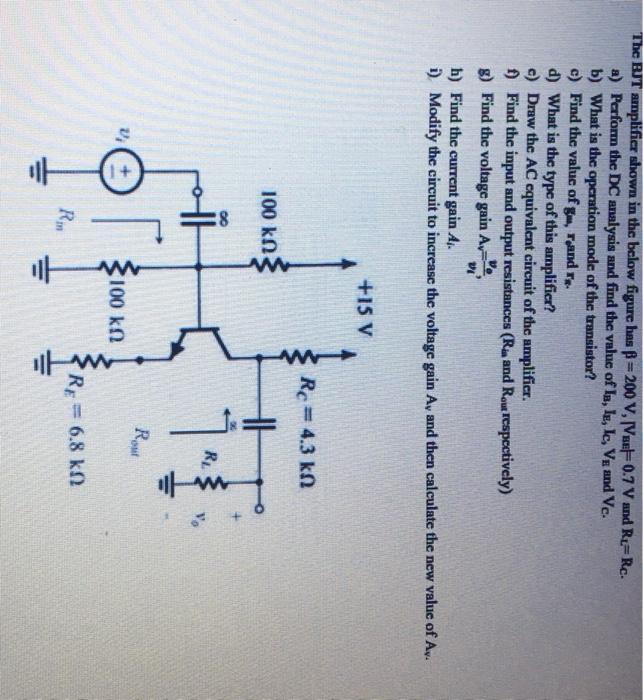 Solved The BJT amplifier shown in the below figure has B= | Chegg.com