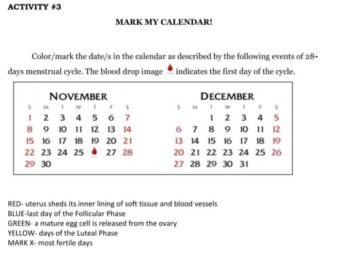 Solved ACTIVITY #3 MARK MY CALENDAR! Color/mark the date/s | Chegg.com