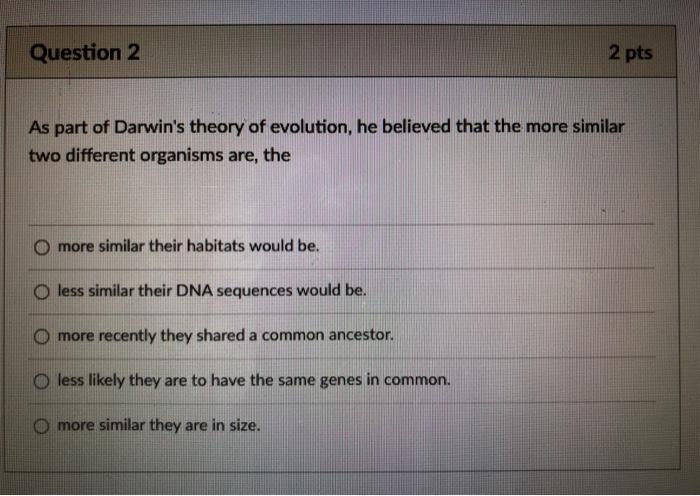 Solved Question 2 2 pts As part of Darwin's theory of | Chegg.com