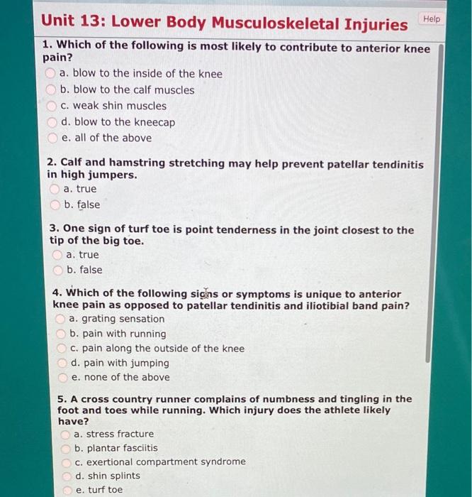 Solved Unit 13: Lower Body Musculoskeletal Injuries Help 1