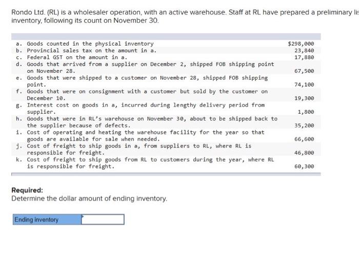 Solved Rondo Ltd. (RL) is a wholesaler operation, with an | Chegg.com