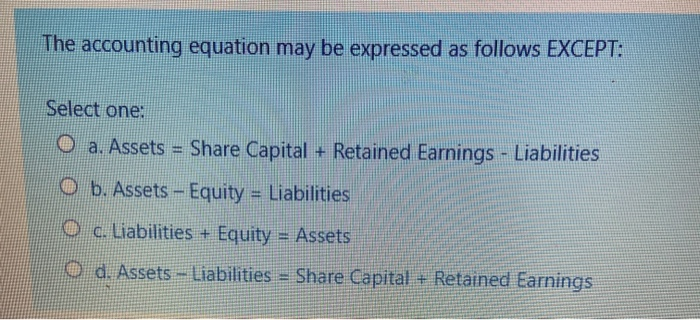 The Basic Accounting Equation May Be Expressed As Solved The accounting equation may be expressed as follows | Chegg.com