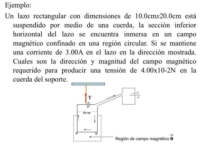 Un lazo rectangular con dimensiones de \( 10.0 \mathrm{~cm} \times 20.0 \mathrm{~cm} \) está suspendido por medio de una cuer