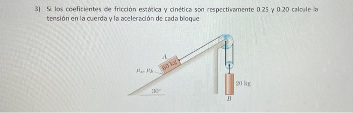 3) Si los coeficientes de fricción estática y cinética son respectivamente 0.25 y 0.20 calcule la tensión en la cuerda y la a