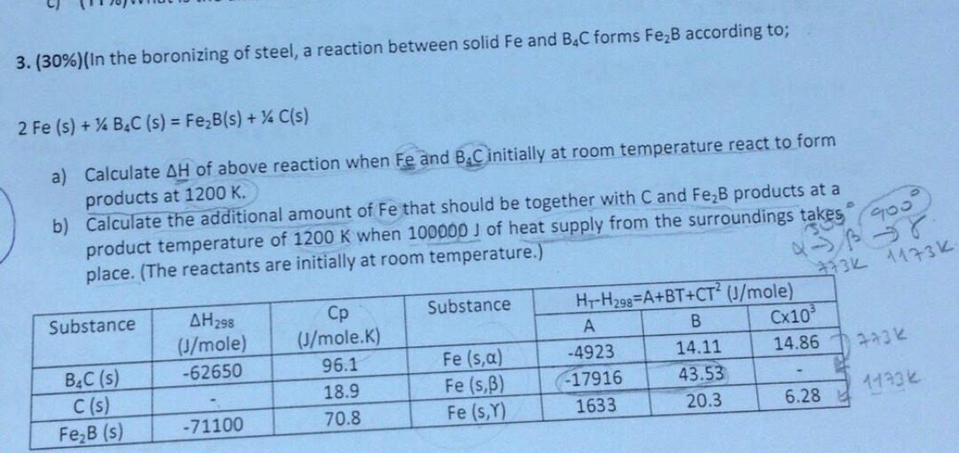 Solved 3. (30%) (In The Boronizing Of Steel, A Reaction | Chegg.com