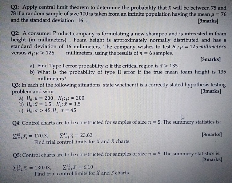 Solved Q1: Apply Central Limit Theorem To Determine The | Chegg.com