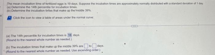 Solved The mean incubation time of fortilized eggs is 19 | Chegg.com