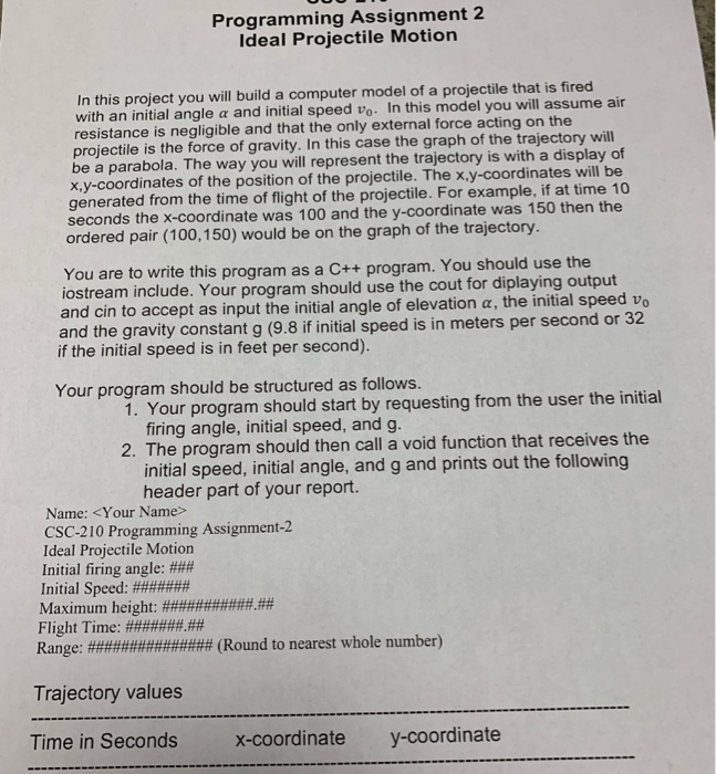 Solved Programming Assignment 2 Ideal Projectile Motion In