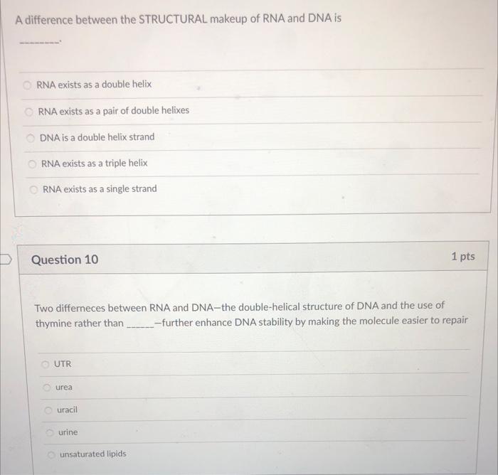 Solved A difference between the STRUCTURAL makeup of RNA and | Chegg.com