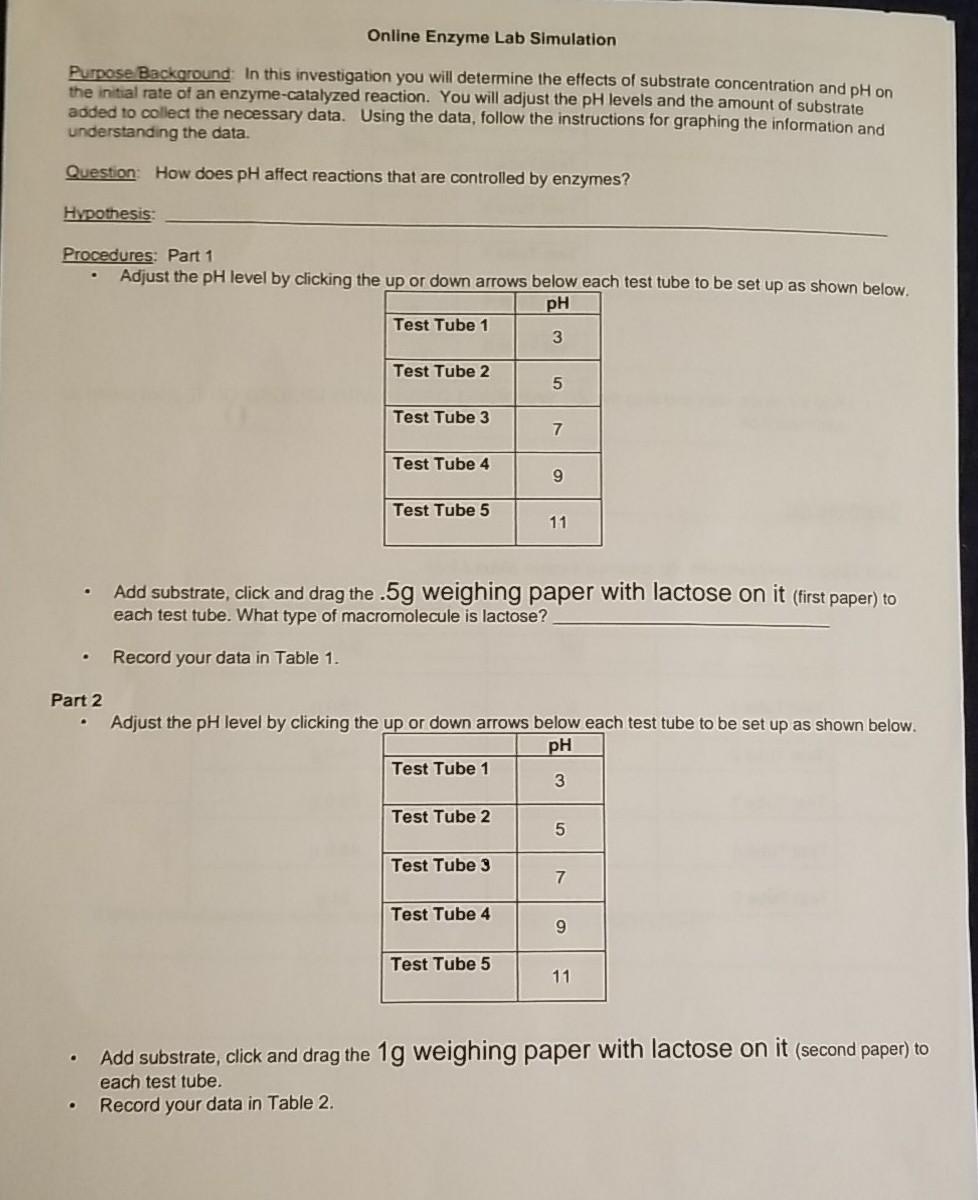 Online Enzyme Lab Simulation Purpose Background: In | Chegg.com