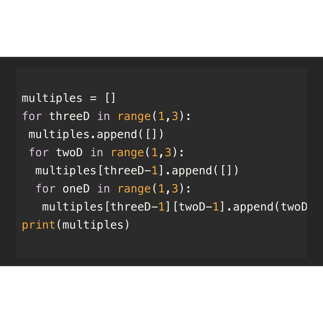 Solved multiples =[]for threeD in range (1,3) ﻿:multiples . | Chegg.com