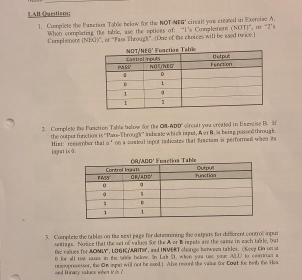 Solved LAB Questions: 1. Complete the Function Table below | Chegg.com