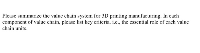 Solved Please summarize the value chain system for 3D | Chegg.com