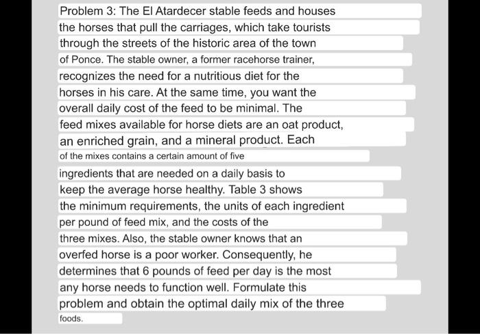 Problem 3: The El Atardecer stable feeds and houses the horses that pull the carriages, which take tourists through the stree