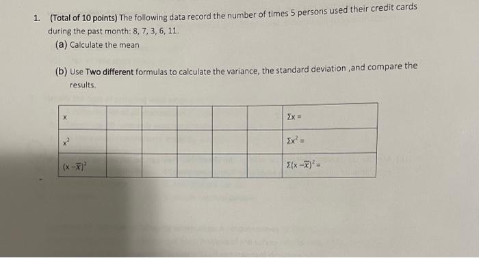Solved 1. (Total of 10 points) The following data record the | Chegg.com