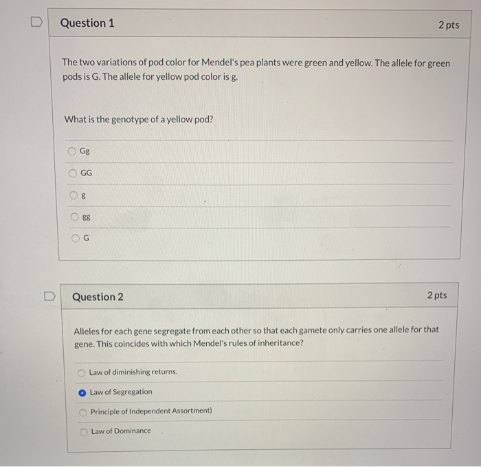 Solved Question 1 2 pts The two variations of pod color for | Chegg.com