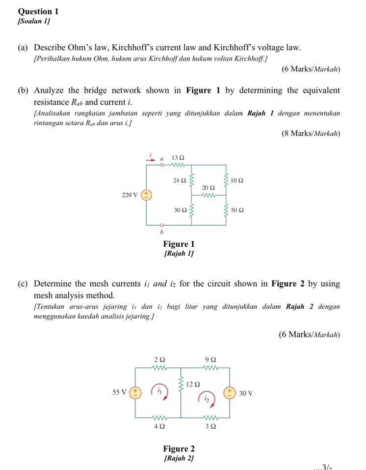 Solved Question 1 (Soalan 11 (a) Describe Ohm's Law, | Chegg.com