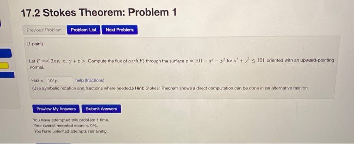 Solving Stokes First Problem Solved 17.2 Stokes Theorem: Problem 1 Previous Problem | Chegg.com