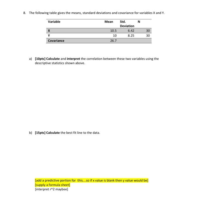 Solved 8. The following table gives the means, standard | Chegg.com