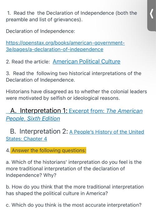 1. Read the the Declaration of Independence (both the | Chegg.com
