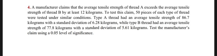 Solved 4. A Manufacturer Claims That The Average Tensile | Chegg.com