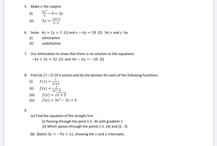 Solved 5. Make x the subject: ( 2- 4 = 3y 3y = *** 6. Solve | Chegg.com