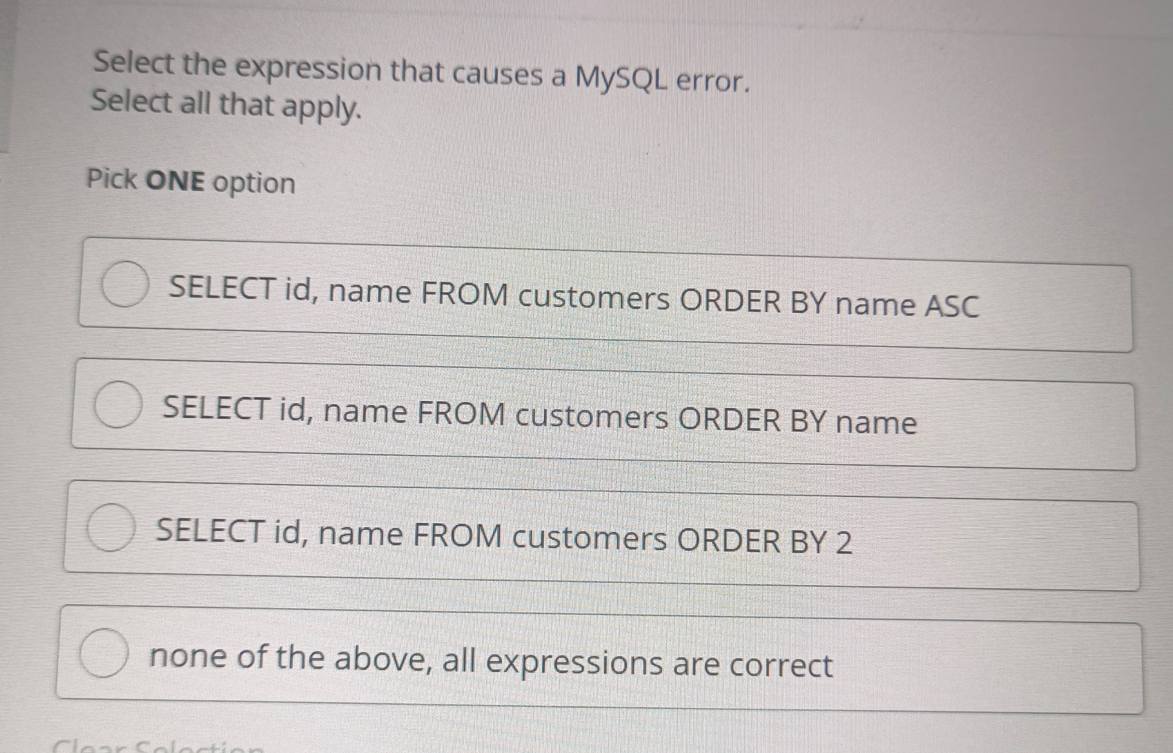 Solved Select the expression that causes a MySQL | Chegg.com