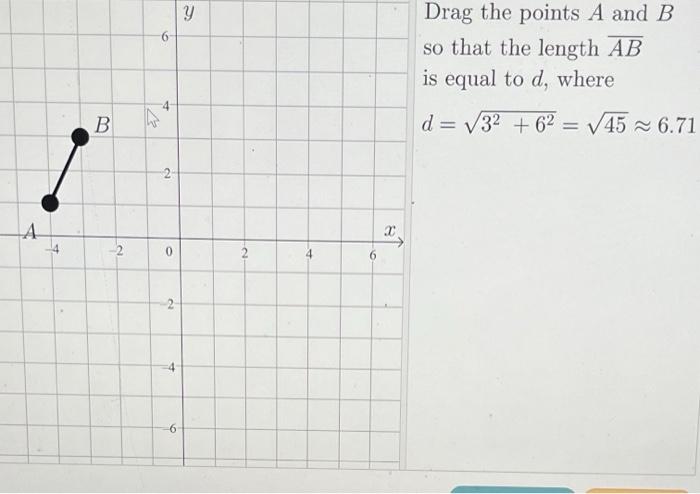 A
B
~
6
4
2
0
2
6
Y
2
4
160
8
Drag the points A and B
so that the length AB
is equal to d, where
d = ?3² +6² = ?45 ~ 6.71