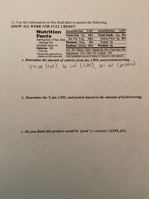 Solved 13. Use the information on this food label to answer | Chegg.com