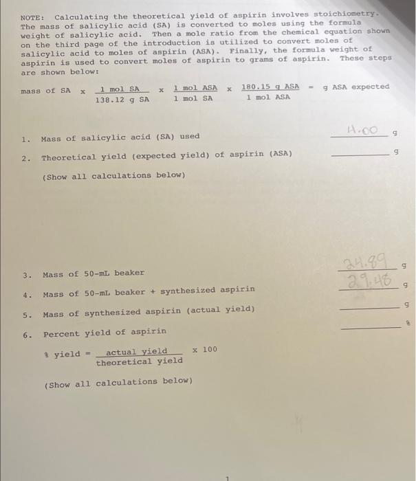 Solved Note Calculating The Theoretical Yield Of Aspirin 5940