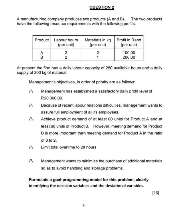 Solved QUESTION 2 A Manufacturing Company Produces Two | Chegg.com