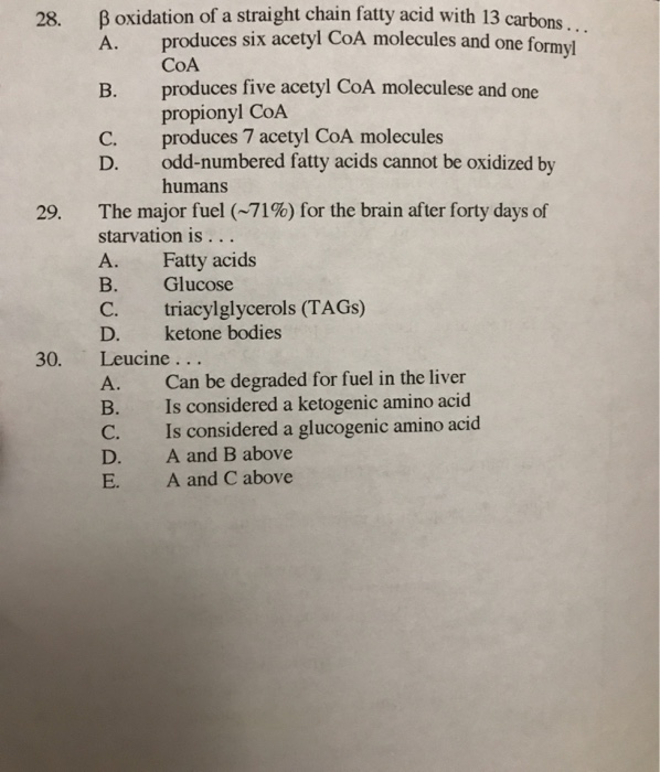Solved 28. A. 29. Boxidation of a straight chain fatty acid