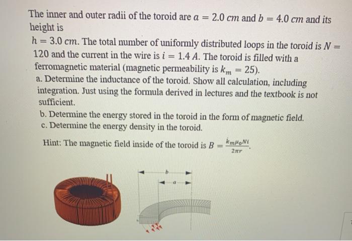 Solved The inner and outer radii of the toroid are a = 2.0 | Chegg.com