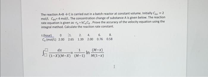 Solved The reaction A+B→C is carried out in a batch reactor | Chegg.com