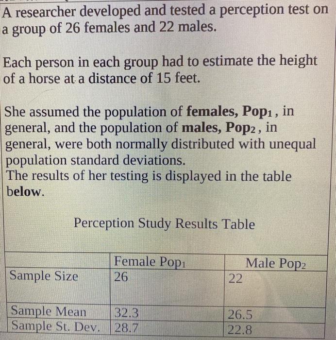 Solved A researcher developed and tested a perception test | Chegg.com