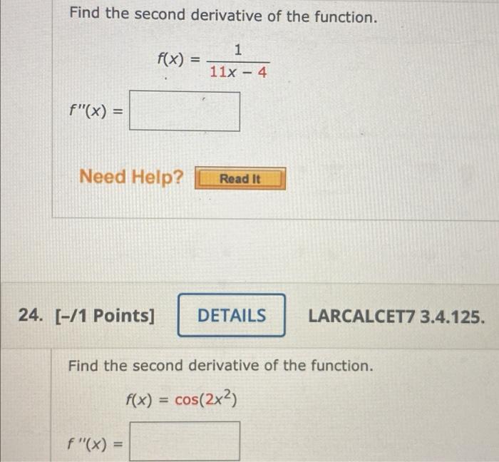 Solved Find the second derivative of the function. f(x) 1 | Chegg.com