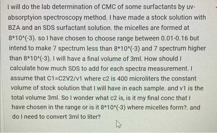 Solved I will do the lab determination of CMC of some | Chegg.com