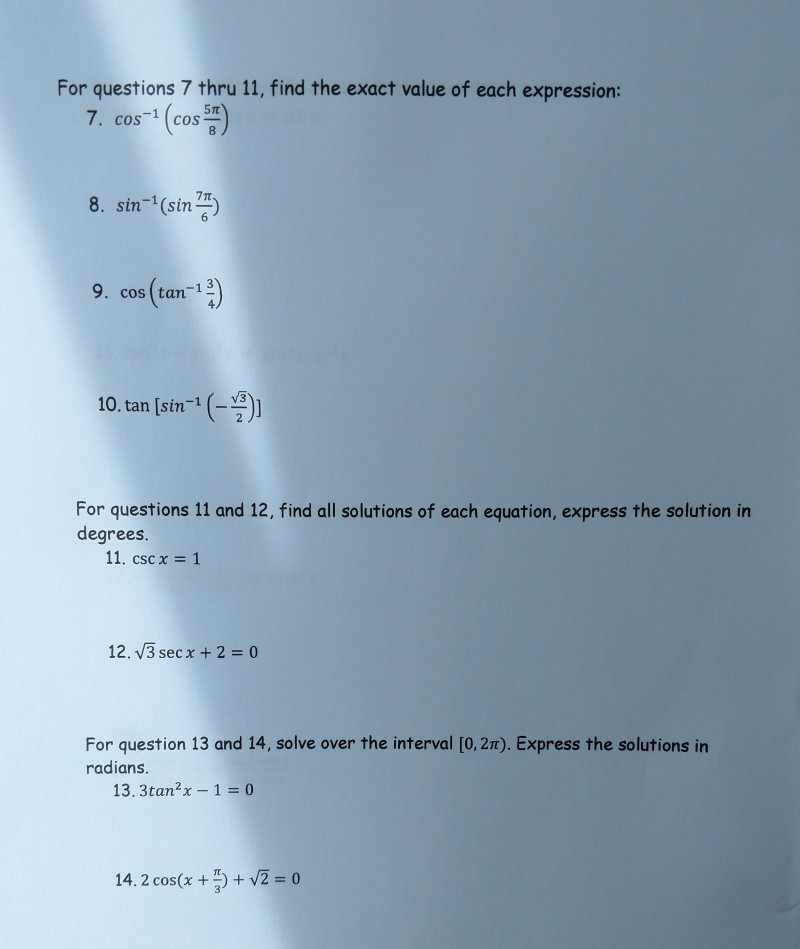 Solved For questions 7 thru 11, find the exact value of each | Chegg.com
