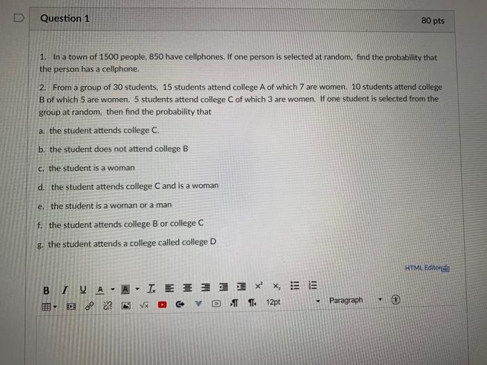 Solved Question 1 80 pts 1. In a town of 1500 people. 850 | Chegg.com