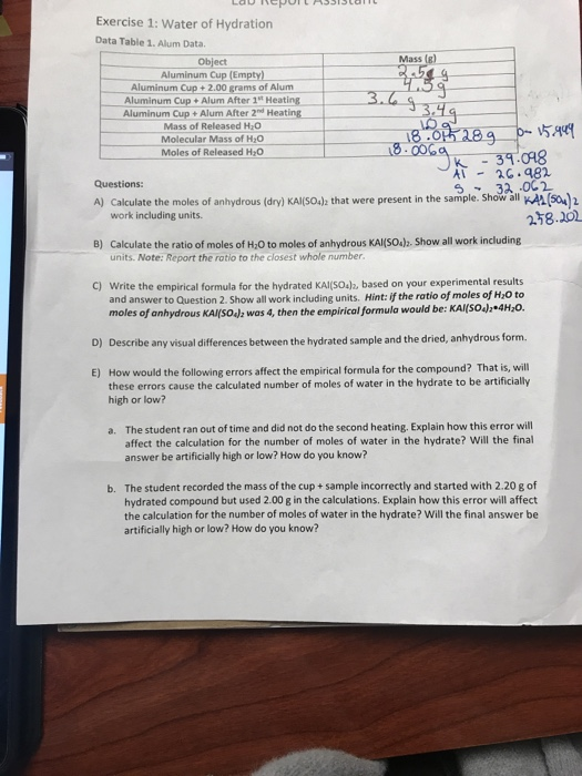 Solved Exercise 1: Water of Hydration Data Table 1. Alum | Chegg.com